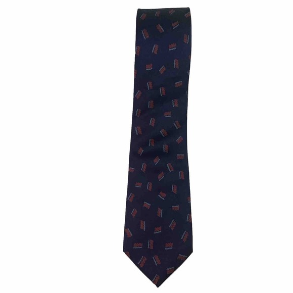 JOLIE FEMME Men's 100% Silk Necktie Designer Geometric Navy Blue W Red VTG RARE - Picture 1 of 8